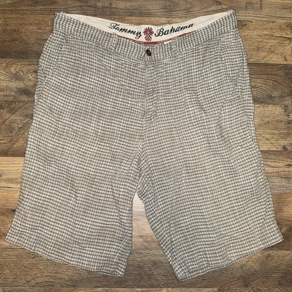 Tommy Bahama Men Weekend Shorts 33 Linen Tan Plaid Woven Beach Tropical